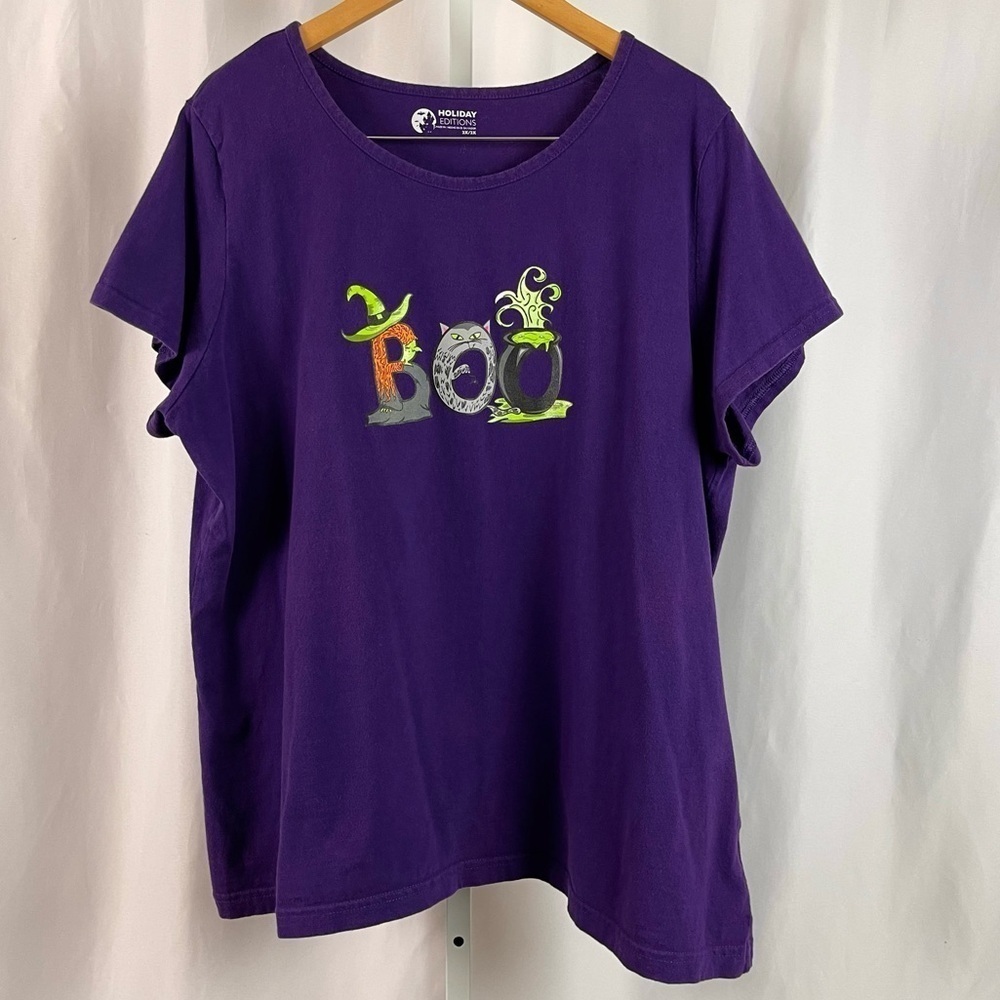 Holiday Editions 2X Halloween Boo Witch Cauldron Cat Print Tunic Top Deep Purple